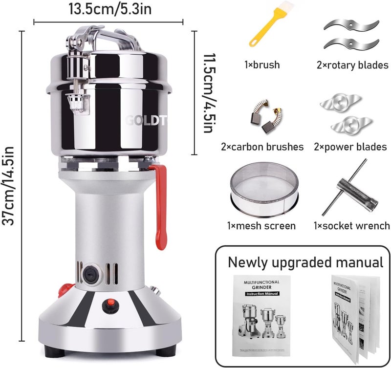 GOLDTOUCH 550g Grain Mill Grinder 2000W Electric Stainless Steel Grain Grinder High-Speed Pulverizer Powder Machine for Dry Wheat, Oats, Corn, Pepper and Coffee Beans (550g Stand Type) - Image 4